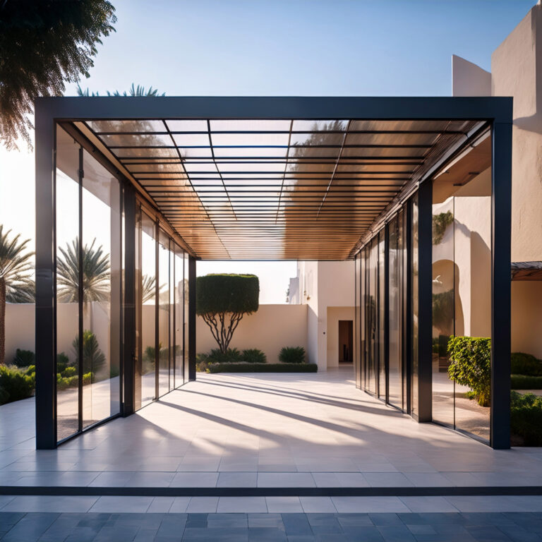 مظلات مداخل شفافة في السعودية – تصميم عصري وحماية متكاملة للمداخل